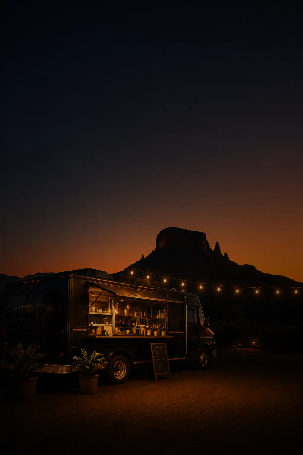 A food truck lit by string lights against a desert sunset